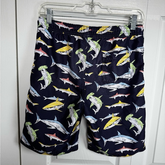 Lands' End Navy Shark Print Lined Drawstring Swim Trunks Shorts L - Picture 2 of 4